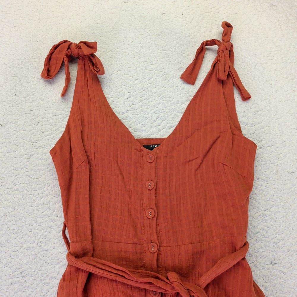 FRNCH Paris Rust Orange Cotton Button Front Tie Shoulder Midi Dress XS F11473 - Picture 3 of 9
